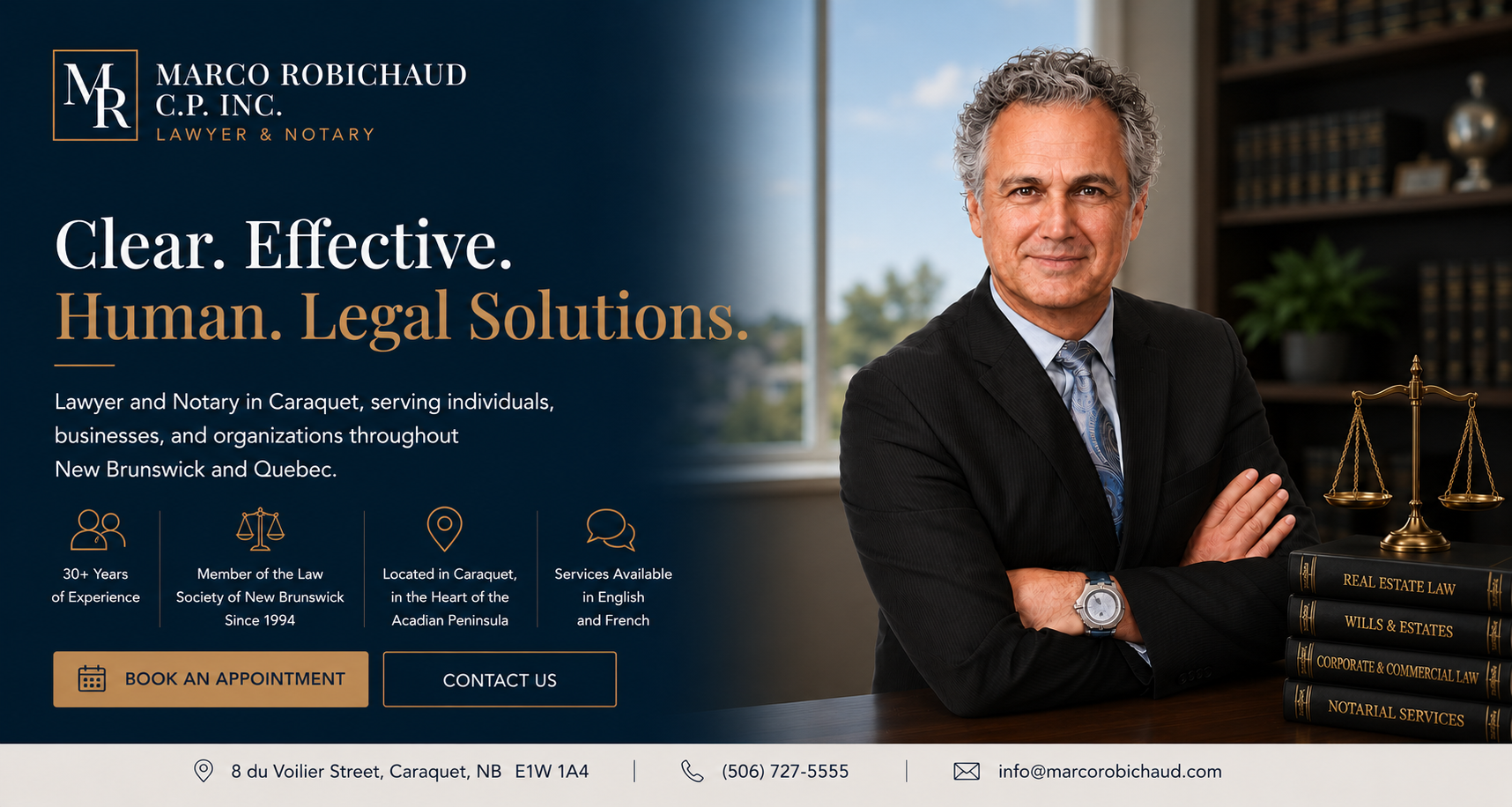 Lawyer and notary in Caraquet, serving individuals, businesses, and organizations throughout New Brunswick and Quebec