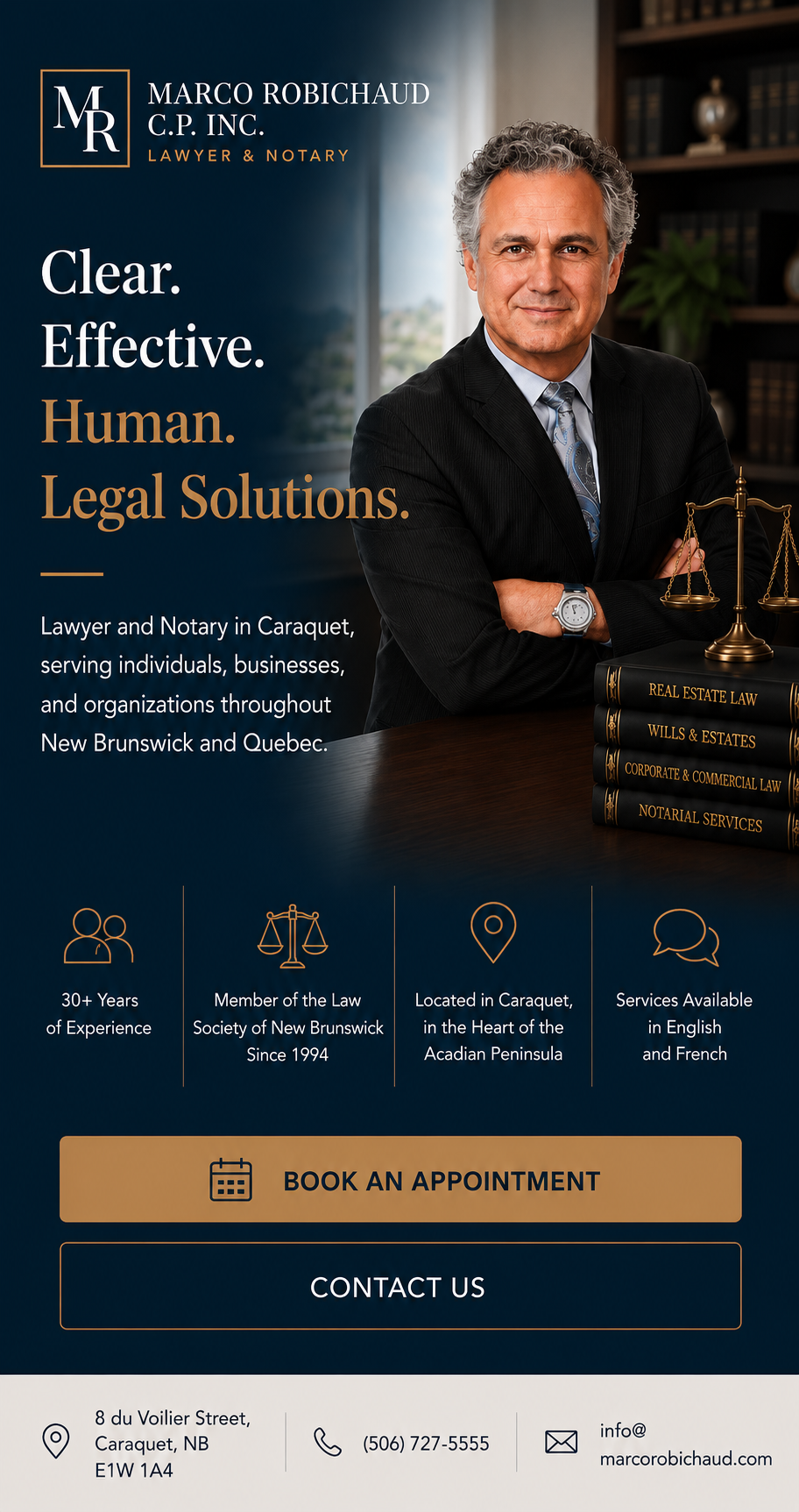 Lawyer and notary in Caraquet, serving individuals, businesses and organizations throughout New Brunswick and Quebec